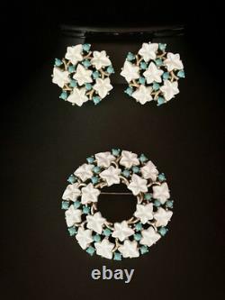 TRIFARI Earrings Brooch 1952 White Leaf Gold Turquoise Alfred Philippe Book Box