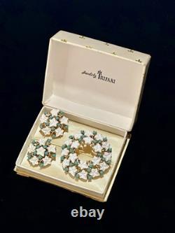 TRIFARI Earrings Brooch 1952 White Leaf Gold Turquoise Alfred Philippe Book Box
