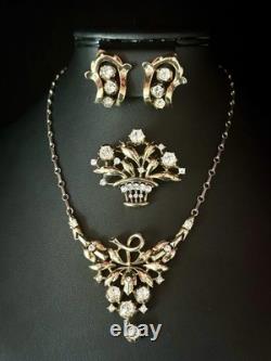 TRIFARI Earrings Brooch Necklace Set 1948 Gold Crystal Alfred Philippe PAT PEND