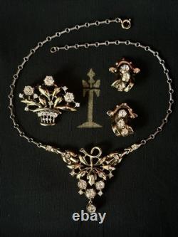 TRIFARI Earrings Brooch Necklace Set 1948 Gold Crystal Alfred Philippe PAT PEND