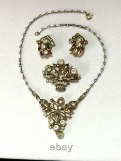 TRIFARI Earrings Brooch Necklace Set 1948 Gold Crystal Alfred Philippe PAT PEND