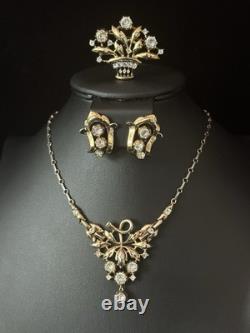 TRIFARI Earrings Brooch Necklace Set 1948 Gold Crystal Alfred Philippe PAT PEND