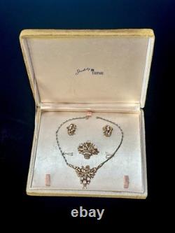 TRIFARI Earrings Brooch Necklace Set 1948 Gold Crystal Alfred Philippe PAT PEND