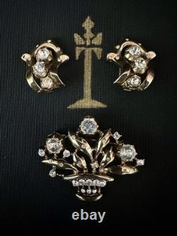 TRIFARI Earrings Brooch Parure 1948-49 Gold Crystal Alfred Philippe PAT PEND Box