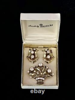 TRIFARI Earrings Brooch Parure 1948-49 Gold Crystal Alfred Philippe PAT PEND Box