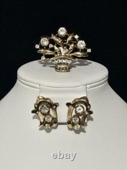 TRIFARI Earrings Brooch Parure 1948-49 Gold Crystal Alfred Philippe PAT PEND Box