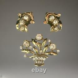 TRIFARI Earrings Brooch Parure 1948-49 Gold Crystal Alfred Philippe PAT PEND Box
