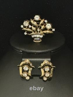 TRIFARI Earrings Brooch Parure 1948-49 Gold Crystal Alfred Philippe PAT PEND Box