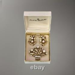 TRIFARI Earrings Brooch Parure 1948-49 Gold Crystal Alfred Philippe PAT PEND Box