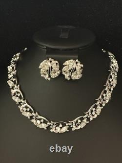 TRIFARI Earrings Necklace Set 1951 Rhodium Marquise Brilliant Scroll PAT PEND