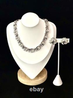 TRIFARI Earrings Necklace Set 1951 Rhodium Marquise Brilliant Scroll PAT PEND