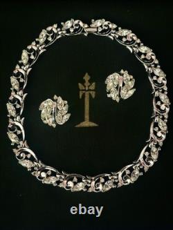 TRIFARI Earrings Necklace Set 1951 Rhodium Marquise Brilliant Scroll PAT PEND