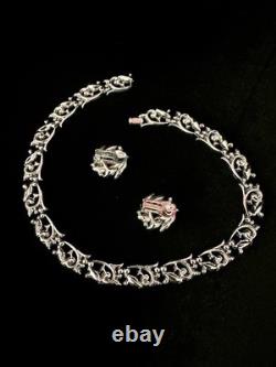 TRIFARI Earrings Necklace Set 1951 Rhodium Marquise Brilliant Scroll PAT PEND
