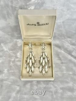 TRIFARI Earrings Peacock Dangle Alfred Philippe Rhodium Crystal Marquise Box