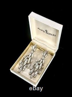 TRIFARI Earrings Peacock Dangle Alfred Philippe Rhodium Crystal Marquise Box