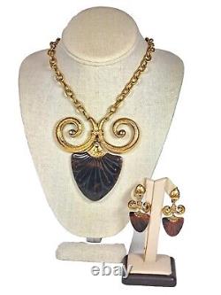 TRIFARI Egyptian Revival Tortoise Ram's Horn Celluloid Pendant Necklace Earrings