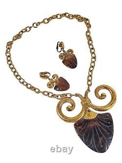 TRIFARI Egyptian Revival Tortoise Ram's Horn Celluloid Pendant Necklace Earrings