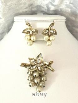 TRIFARI Flower Pearl Baguette Set Alfred Philippe Earings Brooch Gold-Trifanium
