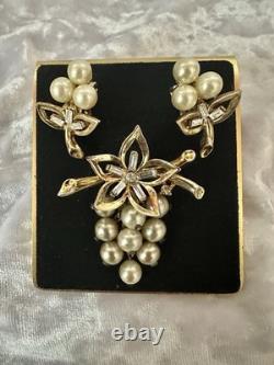 TRIFARI Flower Pearl Baguette Set Alfred Philippe Earings Brooch Gold-Trifanium