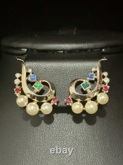 TRIFARI Imperial Crown Earrings 1945 Rhinestones Pearls Alfred Philippe Box