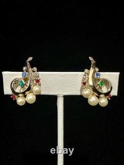 TRIFARI Imperial Crown Earrings 1945 Rhinestones Pearls Alfred Philippe Box