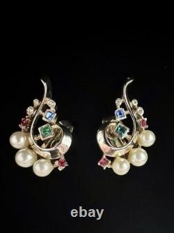 TRIFARI Imperial Crown Earrings 1945 Rhinestones Pearls Alfred Philippe Box