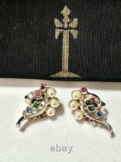 TRIFARI Imperial Crown Earrings 1945 Rhinestones Pearls Alfred Philippe Box