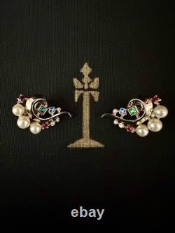 TRIFARI Imperial Crown Earrings 1945 Rhinestones Pearls Alfred Philippe Box