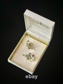 TRIFARI Imperial Crown Earrings 1945 Rhinestones Pearls Alfred Philippe Box