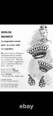 TRIFARI Imperial Crown Earrings 1945 Rhinestones Pearls Alfred Philippe Box