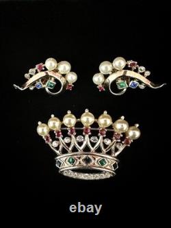 TRIFARI Imperial Crown Set 1945 Rhinestones Pearls Sterling Alfred Philippe