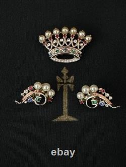 TRIFARI Imperial Crown Set 1945 Rhinestones Pearls Sterling Alfred Philippe
