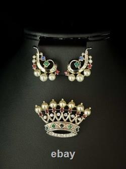TRIFARI Imperial Crown Set 1945 Rhinestones Pearls Sterling Alfred Philippe