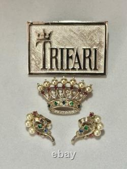 TRIFARI Imperial Crown Set 1945 Rhinestones Pearls Sterling Alfred Philippe