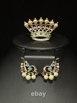 TRIFARI Imperial Crown Set 1945 Rhinestones Pearls Sterling Alfred Philippe