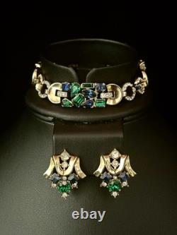 TRIFARI Jeweled Symphony 1950 Set Earrings Bracelet Gold Alfred Philippe Crown