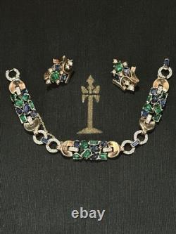 TRIFARI Jeweled Symphony 1950 Set Earrings Bracelet Gold Alfred Philippe Crown
