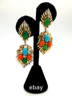TRIFARI Jewels of India Fx Jade Coral Turquoise Rhinestone Dangle Clip Earrings