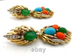 TRIFARI Jewels of India Fx Jade Coral Turquoise Rhinestone Dangle Clip Earrings
