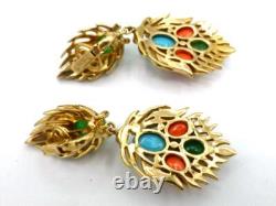 TRIFARI Jewels of India Fx Jade Coral Turquoise Rhinestone Dangle Clip Earrings
