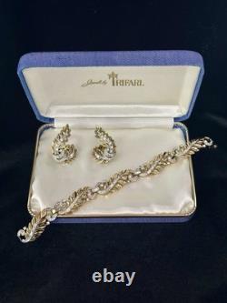 TRIFARI Laurel Leaf Pave' Alfred Philippe Earrings Bracelet Gold-Tone withBOX