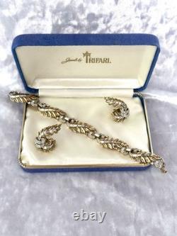 TRIFARI Laurel Leaf Pave' Alfred Philippe Earrings Bracelet Gold-Tone withBOX