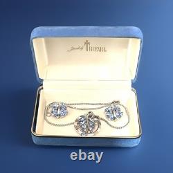 TRIFARI Navette Sapphire 1950-1951 Parure Alfred Philippe Rhodium PAT PEND withBox