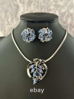 TRIFARI Navette Sapphire 1950-1951 Parure Alfred Philippe Rhodium PAT PEND withBox