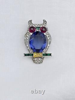 TRIFARI Owl Rhinestone & Enamel FUR CLIP Blue Belly Art Deco Alfred Philippe