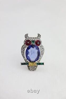 TRIFARI Owl Rhinestone & Enamel FUR CLIP Blue Belly Art Deco Alfred Philippe