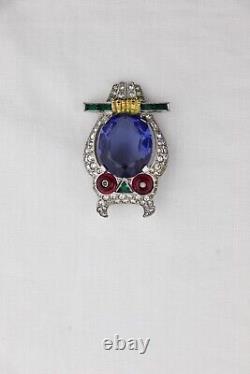 TRIFARI Owl Rhinestone & Enamel FUR CLIP Blue Belly Art Deco Alfred Philippe