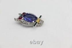 TRIFARI Owl Rhinestone & Enamel FUR CLIP Blue Belly Art Deco Alfred Philippe