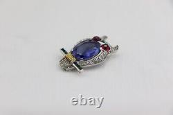 TRIFARI Owl Rhinestone & Enamel FUR CLIP Blue Belly Art Deco Alfred Philippe