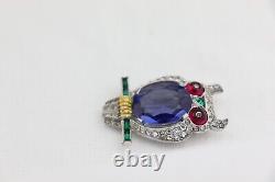 TRIFARI Owl Rhinestone & Enamel FUR CLIP Blue Belly Art Deco Alfred Philippe